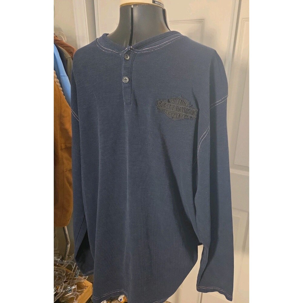 Vintage Harley Davidson Mens XL Navy Blue Long Sleeve Thermal Henley Shirt Logo